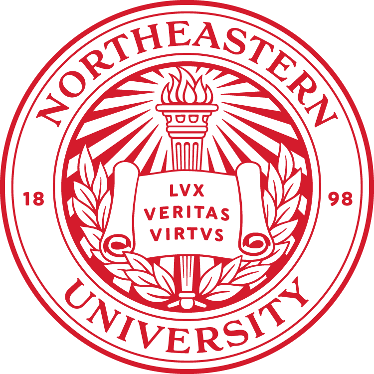 Red Northeastern University logo with a husky and rays.