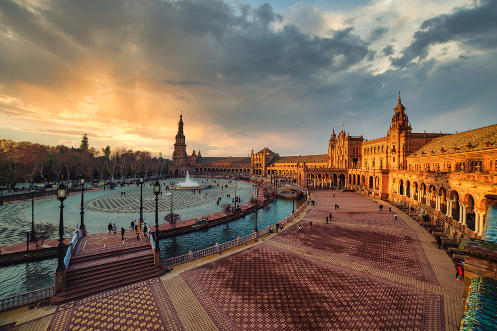 Sunset over Plaza de España in Seville, Spain.